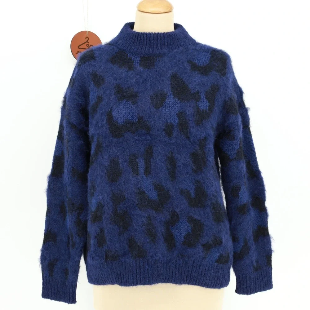Kate Spade Wild Ones Leopard Sweater Blue Black Alpaca Wool Size Medium NWOT